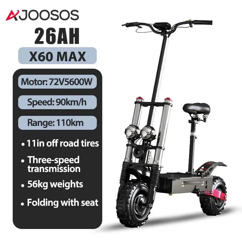 TurboVoyager 5600: 72V 5600W Off-Road Electric Scooter – 90 km/h Max Speed, 110 km Range, Foldable Design