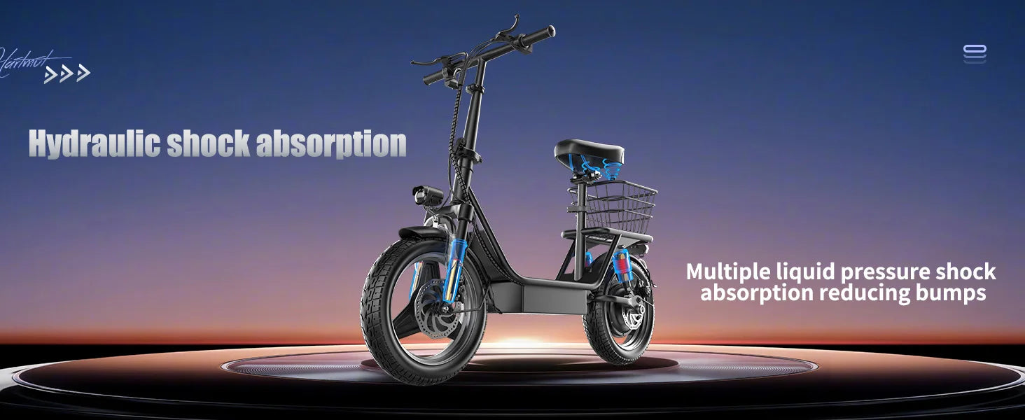 EcoRider 500X: Foldable Electric Scooter with 500W Motor, Seat, Full Suspension, and Storage Basket