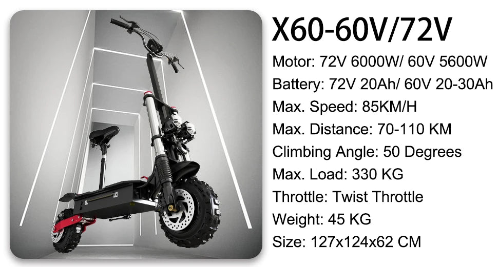 TurboVoyager 5600: 72V 5600W Off-Road Electric Scooter – 90 km/h Max Speed, 110 km Range, Foldable Design