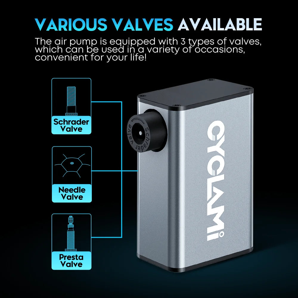 Aluminum Alloy 150 PSI Electric Pump Portable Bike Air Rechargeable Tire Inflator Schrader Presta Valve Silver CYCLAMI A3 MAX
