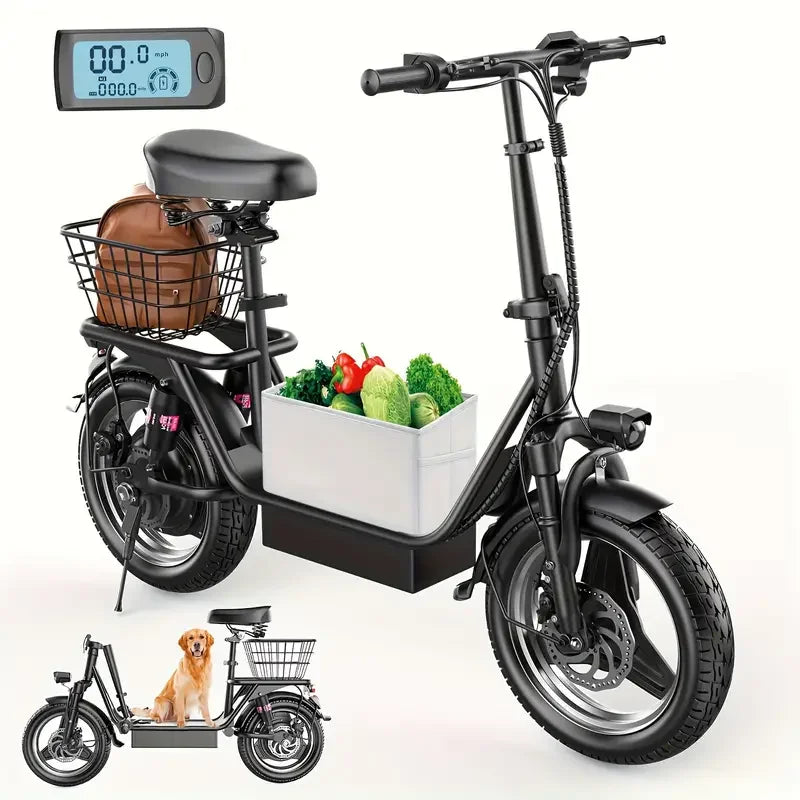 EcoRider 500X: Foldable Electric Scooter with 500W Motor, Seat, Full Suspension, and Storage Basket