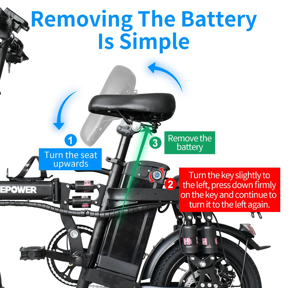 IDOTAT Bicycle Foldable Electric Bike W/ Seat & Basket 14'' 48V 10Ah 400W Motor 22Miles Range 20 MPH Top Speed Ebike for Adults