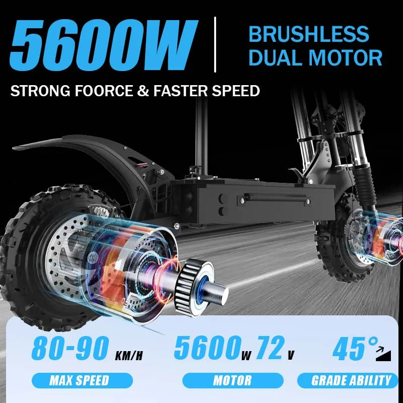 TurboVoyager 5600: 72V 5600W Off-Road Electric Scooter – 90 km/h Max Speed, 110 km Range, Foldable Design